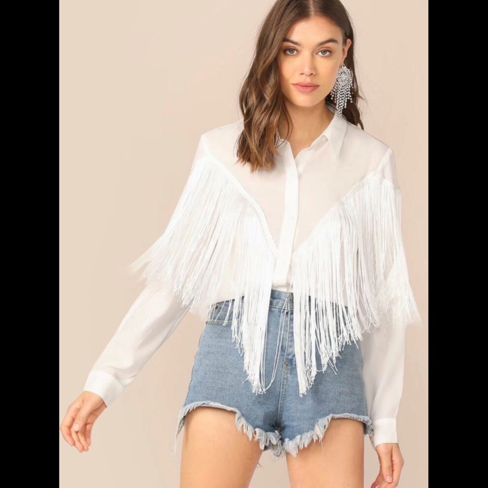 Woman’s White Fringe Button Down